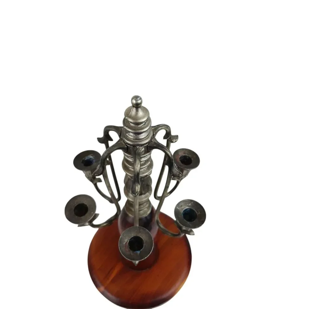 Vtg 6 Arm Wood and Silver Plated Table Candelabra Danish Modern MCM